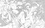  assassin_(fate/zero) black_keys chain fate/zero fate_(series) female_assassin_(fate/zero) fire gilgamesh kotomine_kirei maccyman monochrome staff toosaka_tokiomi 