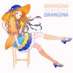  blue_eyes blue_hair bottle bow chair character_name dress earrings hat hat_bow highres jewelry kansou_hada kneehighs leg_up long_hair multicolored_hair nail_polish open_mouth orange_hair orangina personification sitting straw sun_hat two-tone_hair 