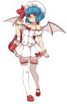  1girl :o alternate_costume bag bare_shoulders bat_wings bespectacled blue_hair blush contemporary glasses hat kugi_ta_hori_taira looking_at_viewer mary_janes purse red_eyes remilia_scarlet shoes short_hair simple_background solo thighhighs touhou white_background white_legwear wings wrist_cuffs zettai_ryouiki 