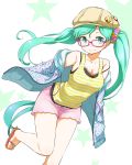  1girl bespectacled bra glasses green_eyes green_hair hat hatsune_miku highres hoodie long_hair musical_note nagian sandals scrunchie shorts smile solo striped tank_top twintails underwear very_long_hair vocaloid 