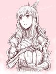  1girl amatari_sukuzakki armor blush breastplate copyright_name elbow_gloves engrish feathers fire_emblem fire_emblem:_kakusei food gauntlets gloves hair_feathers holding lipstick long_hair looking_away lunchbox makeup monochrome pink_background pink_lipstick ranguage sketch solo spaulders spot_color striped sumia wavy_hair 