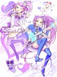  boots choker crossover cure_beat cure_sword dokidoki!_precure guitar hair_ornament headset heart instrument jewelry kenzaki_makoto kurokawa_eren long_hair magical_girl minatsuki_randoseru multiple_girls ponytail precure purple_hair side_ponytail smile suite_precure thigh-highs thigh_boots violet_eyes wink yellow_eyes 