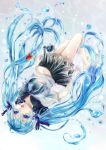  1girl barefoot blacksio blue_eyes blue_hair bottle_miku bubble fish hair_ribbon hatsune_miku highres liquid_hair long_hair navel open_mouth ribbon school_uniform serafuku skirt solo twintails upside-down very_long_hair vocaloid water 