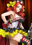  1girl bare_shoulders breasts cleavage frilled_skirt green_eyes gun hand_on_hip haruyama hat kouryuuji_mii long_hair looking_at_viewer project_x_zone redhead skirt smile solo weapon 