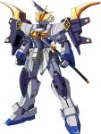  glowing glowing_eyes gundam gundam_aesculapius gundam_ryuuseiou gundam_wing_dual_story:_g-unit highres mecha n.jehuty no_humans samurai sd_gundam sd_sengokuden simple_background solo sword weapon white_background 