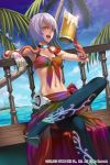  1girl alcohol arm_support armpits beer bikini_top blue_sky boots collar crossed_legs flower front-tie_top gloves laughing looking_at_viewer multicolored_eyes navel ocean palm_tree sarong short_hair silver_hair sitting sky solo square_enix star_galaxy terumii thigh-highs thigh_boots tree 