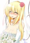  1girl adult bare_shoulders blonde_hair blush bouquet breasts cleavage closed_eyes detached_sleeves dress flandre_scarlet flower gomasamune hair_flower hair_ornament jewelry large_breasts long_hair necklace open_mouth short_hair side_ponytail smile solo touhou wedding_dress white_background wings 