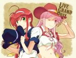  2girls ahoge amitie_florian blush braid cowboy_hat front-tie_top green_eyes hair_ribbon hairband hat hat_removed headwear_removed kyrie_florian long_hair looking_at_viewer lyrical_nanoha mahou_shoujo_lyrical_nanoha mahou_shoujo_lyrical_nanoha_a&#039;s mahou_shoujo_lyrical_nanoha_a&#039;s_portable:_the_gears_of_destiny midriff multiple_girls na770 pink_hair redhead ribbon shirt single_braid smile standing vest violet_eyes white_shirt wink 