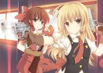  2girls adapted_costume aiming blonde_hair bow brown_eyes brown_hair buttons dual_wielding gloves gun hair_bow hair_tubes hakurei_reimu handgun highres kirisame_marisa long_hair looking_at_viewer mizunashi_kenichi multiple_girls necktie no_hat no_headwear open_mouth revolver ribbon shotgun star torn_clothes touhou weapon yellow_eyes 