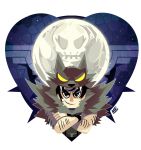  1boy beowulf_(skullgirls) black_hair crossed_arms facial_hair grin heart logo looking_at_viewer magicbunnyart male moon signature skull skullgirls smile solo transparent_background wristband yellow_eyes 