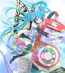  1girl absurdres aqua_eyes aqua_hair boots butterfly_wings detached_sleeves hatsune_miku headphones high_heels highres long_hair looking_at_viewer necktie open_mouth shoes skirt solo thigh_boots thighhighs twintails very_long_hair vocaloid wedtaro wings 