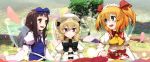  3girls ascot black_hair blonde_hair blue_eyes bow dress drill_hair fang flower hair_bow hat long_hair luna_child multiple_girls open_mouth red_eyes short_hair short_twintails smile star_sapphire sunny_milk thomas.yym touhou twintails wings 