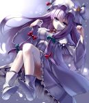 1girl bare_legs boots bow breasts crescent dress hair_bow hat long_hair long_sleeves looking_at_viewer patchouli_knowledge purple_hair solo takemori_shintarou touhou violet_eyes 