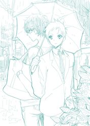  2boys back-to-back formal fukube_satoshi hyouka ibuki_hasu monochrome multiple_boys oreki_houtarou short_hair sketch suit umbrella 