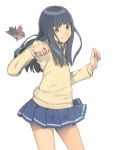  1girl akinbo_(hyouka_fuyou) bird blue_hair brown_eyes long_hair original school_uniform skirt smile solo sweater 