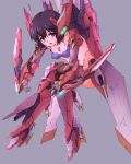  1girl armor bodysuit boots breasts brown_hair detached_sleeves guardic_gaiden knee_boots mecha_musume mechanical_arms mechanical_wings short_hair solo system_d.p. thigh-highs thrusters violet_eyes vuccha wings 