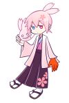  1boy ahoge alternate_hair_color blue_eyes expressionless flat_gaze fujino_makiko ghost heterochromia japanese_clothes kimono male pink_hair puyopuyo puyopuyo_fever red_eyes sandals sig socks solo white_background 