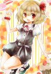  1girl adapted_costume blonde_hair cake cookie food hair_ribbon looking_at_viewer maru_usagi open_mouth puffy_sleeves red_eyes ribbon rumia shirt short_sleeves shorts smile solo touhou vest wrist_cuffs 