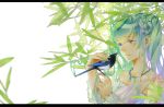  1girl aqua_hair bamboo bird blue_eyes hatsune_miku highres jewelry long_hair momozi_(mkingnight) nail_polish necklace vocaloid 