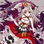  1girl bandages bat black_legwear breasts checkered cleavage crown detached_sleeves drill_hair eyes hair_ornament heart horns huna idolmaster idolmaster_cinderella_girls kanzaki_ranko long_hair open_mouth puffy_sleeves red_eyes scythe silver_hair sleeveless solo thighhighs twintails weapon wings 