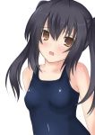  1girl blush breasts brown_eyes k-on! looking_at_viewer mizunashi_kenichi nakano_azusa one-piece_swimsuit open_mouth simple_background solo swimsuit white_background 