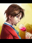  1boy alcohol blue_eyes brown_hair command_spell cup facial_hair fate/zero fate_(series) formal goatee maccyman solo suit toosaka_tokiomi wine wine_glass 