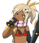  1boy anti-materiel_rifle bikini_top black_eyes blonde_hair crossdressinging fingerless_gloves gloves gouenji_shuuya gun inazuma_eleven inazuma_eleven_(series) long_hair male ponytail rifle scarf short_hair sniper_rifle tengen_toppa_gurren_lagann weapon yoko_littner yoko_littner_(cosplay) 