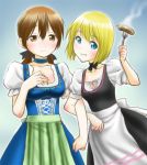  2girls apron bavarian blonde_hair blue_eyes blush breasts brown_eyes brown_hair chaborin cleavage erica_hartmann food fork gertrud_barkhorn hair_ribbon hand_on_own_chest long_hair looking_at_viewer multiple_girls neck_ribbon oktoberfest ribbon sausage short_hair simple_background smile steam strike_witches traditional_clothes twintails 