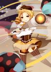  1girl beret blonde_hair boots breasts brown_legwear charlotte_(madoka_magica) corset crossed_arms detached_sleeves drill_hair fingerless_gloves gloves gun hair_ornament hairpin hat highres long_hair magical_girl magical_musket mahou_shoujo_madoka_magica pleated_skirt puffy_sleeves skirt smile thigh-highs tomoe_mami twin_drills twintails vertical-striped_legwear vertical_stripes weapon yellow_eyes 