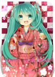  1girl aqua_eyes aqua_hair bow checkered checkered_background english happy_new_year hatsune_miku highres japanese_clothes kenpin kimono long_hair new_year open_mouth ribbon smile solo standing twintails vocaloid 