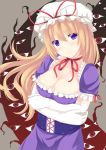  1girl blonde_hair blush breast_hold breasts choker cleavage elbow_gloves gap gloves hat highres large_breasts long_hair looking_at_viewer mizunashi_kenichi ribbon smile solo touhou very_long_hair violet_eyes yakumo_yukari 