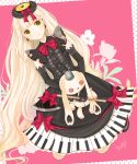  1girl axe blonde_hair bow earrings elbow_gloves gloves jewelry lolita_fashion long_hair machico_(mayuxoxo) mayu_(vocaloid) piano_print smile solo stuffed_animal stuffed_toy very_long_hair vocaloid weapon yellow_eyes 