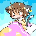  1girl animal_ears annyui bedwetting blush brown_hair cat_ears cat_tail chen earrings jewelry o_o pajamas short_hair solo sweatdrop tail touhou trembling 