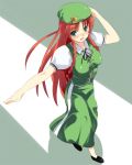  braid china_dress chinadress chinese_clothes from_above green_eyes hand_on_hat hat hong_meiling long_hair outstretched_arm red_hair redhead shigen smile solo touhou twin_braids walking 