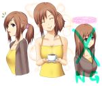  blue_eyes brown_hair coffee eve_no_jikan ponytail sammy_(eve_no_jikan) simple_background smile surprised 