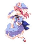  artist_request eretto fan folding_fan hat pink_hair red_eyes ribbon saigyouji_yuyuko simple_background sitting smile solo source_request touhou 