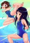  bad_feet barefoot black_hair blue_eyes box_sentou_shoujo brown_eyes bun_cover double_bun feet fighting flat_chest flying_kick foreshortening kicking kusakabe_makoto multiple_girls one-piece_swimsuit original perspective school_swimsuit splash splashing swimsuit yellow_eyes 