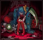  bandage bear blood blue_hair boots bow box female green_eyes hatsune_miku heart photo_(object) rotten_girl_grotesque_romance_(vocaloid) scythe solo stitches vocaloid yandere yukaman 