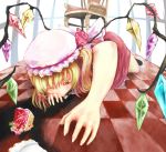  all_fours blonde_hair cake checkered checkered_floor flandre_scarlet food foreshortening hands hat kouzilow pastry red_eyes solo touhou vampire wings 