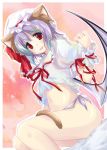  bad_id bat_wings bottomless cat_ears cat_tail hat kemonomimi_mode lavender_hair red_eyes remilia_scarlet short_hair sitting solo tail thighs touhou wings wrist_cuffs yumesato_makura 