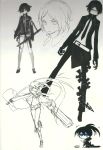  arm_cannon black_rock_shooter black_rock_shooter_(character) chan_co chibi coat eyepatch glasses gloves glowing glowing_eyes gun highres huke knife long_hair monochrome necktie pants short_hair shorts sketch spot_color tail twintails uneven_twintails weapon 