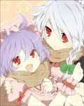  bad_id blush bow braid fang hair_bow hat izayoi_sakuya lavender_hair multiple_girls red_eyes remilia_scarlet scarf shared_scarf short_hair silver_hair smile touhou twin_braids yuzuha_(atamawarui) 