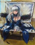  breasts cleavage dress frills hairband red_eyes rozen_maiden silver_hair sleepy solo strap_slip suigintou tafuto traditional_media wings wink yawn yawning 