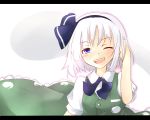  blush ghost hairband hand_in_hair katanakko_daisuki katanako_daisuki konpaku_youmu konpaku_youmu_(ghost) letterboxed myon open_mouth short_hair silver_hair smile solo touhou white_hair wink 