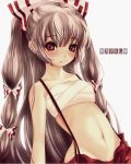  ayase_non blush bow fujiwara_no_mokou hair_bow hair_ribbon long_hair red_eyes ribbon sarashi silver_hair solo suspenders touhou translated 