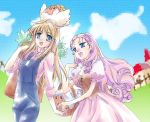  backpack basket bird blonde_hair blue_eyes chick chicken claire_(harvest_moon) clouds corset dress fence hairband harvest_moon kawagoe_pochi long_hair multiple_girls open_mouth overalls pineapple pink_hair popuri_(harvest_moon) sky smile 