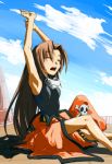  1girl brown_hair guilty_gear hat long_hair may pirate sky small_breasts solo stretch stretching yawn 