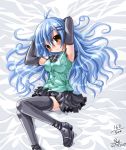  blue_hair blush elbow_gloves emperpep gloves long_hair skirt solo thigh-highs thighhighs traditional_media watercolor_(medium) yellow_eyes 