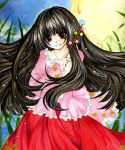  bamboo bamboo_forest black_hair branch forest full_moon happy houraisan_kaguya jeweled_branch_of_hourai long_hair long_skirt long_sleeves moon nature red_eyes shirt skirt smile solo touhou 