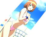  blush glasses green_eyes highres kampfer mishima_akane screencap short_hair stitched swimsuit 